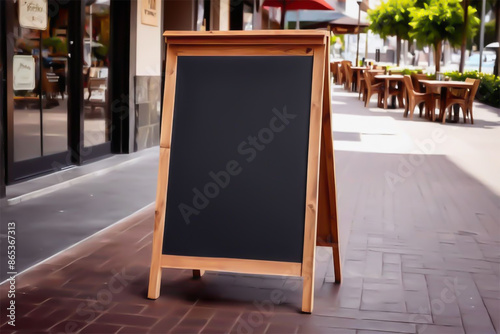 Empty wooden menu board in front of the Coffee Shop or restaurant in blurry background for mockup photo