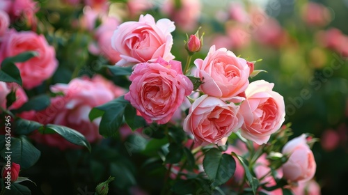 Fototapeta Naklejka Na Ścianę i Meble -  English roses enhance the beauty of gardens with their plentiful flowers and rich greenery