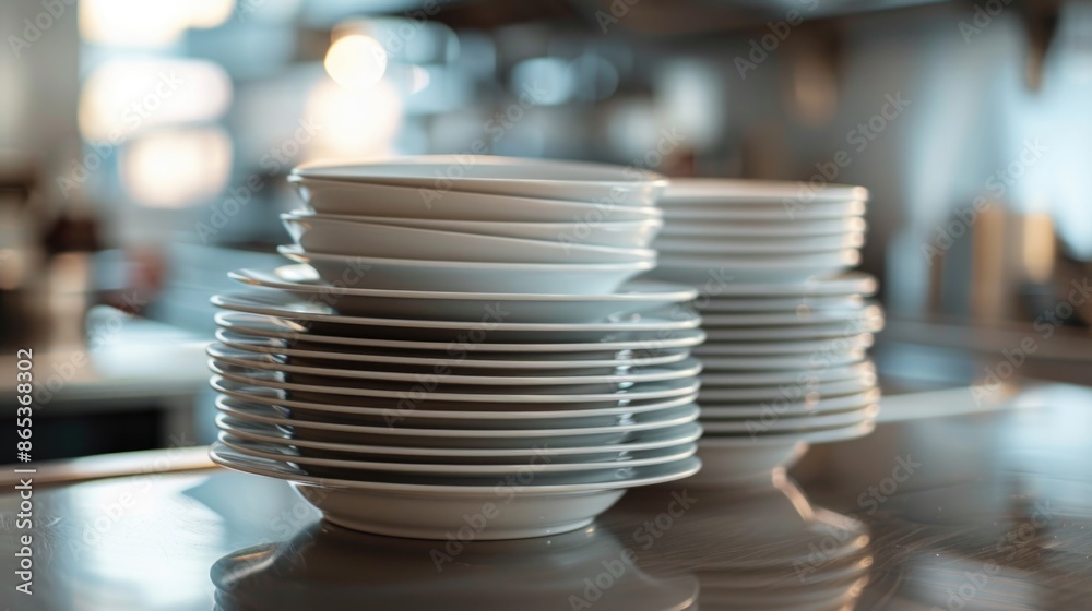 White plates stacked on top of each other. White plates stacked on top of each other.