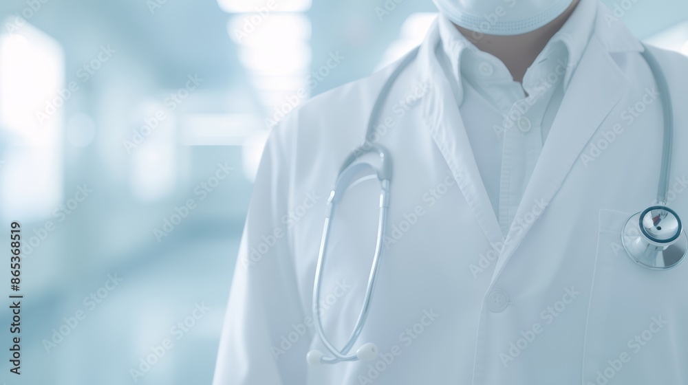 Close-up of doctor's torso with stethoscope, light and airy hospital background blurred, providing ample text space, professional medical scene Close-up of doctor's torso with stethoscope, light and airy hospital background blurred, providing ample text space, professional medical scene