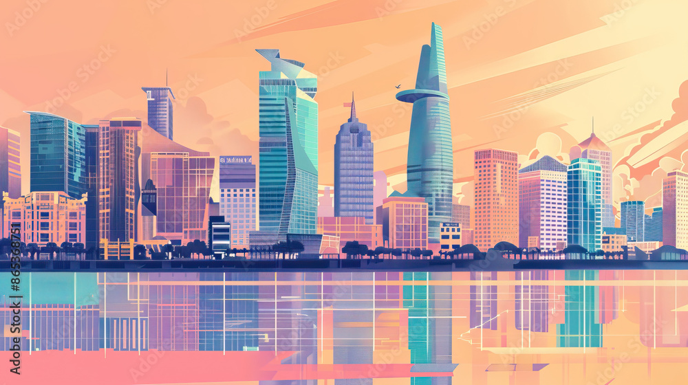 Fototapeta premium Risograph riso print travel poster, card, wallpaper or banner illustration, modern, isolated, clear and simple of Ho Chi Minh City, Vietnam. Artistic, screen printing, stencil digital duplication