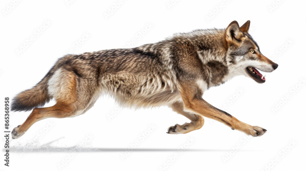 Obraz premium A hungry wolf is running, looking for food Isolated a white background