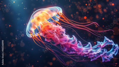 A beautiful jellyfish in vibrant colors against a dark background