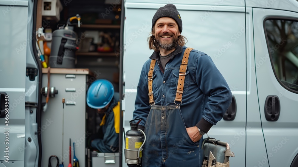 A happy and professional mechanic in blue overalls stands next to his open van with tools A happy and professional mechanic in blue overalls stands next to his open van with tools