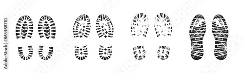 Boot grunge imprint vector set. Shoe grungy track silhouette collection.