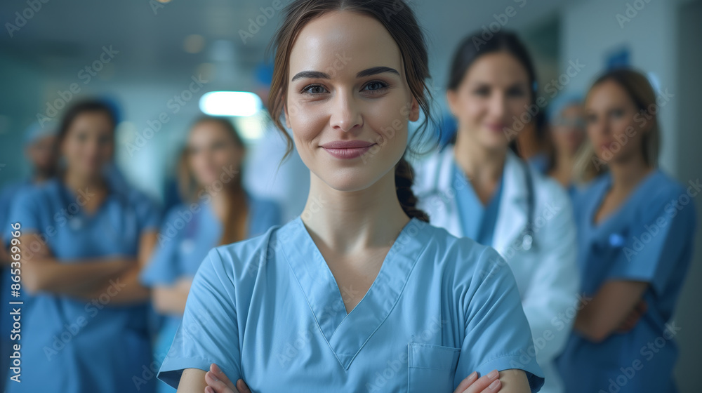 A smiling nurse in blue scrubs stands with her medical team behind A smiling nurse in blue scrubs stands with her medical team behind