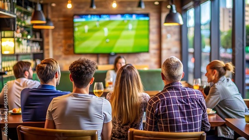 Back View Of People Watching Football Match At Restaurant