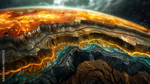 Explore Earth's inner workings with stunning visuals of the crust, mantle, and core, showcasing the planet's complex structure in detail. Created with Generative AI. photo