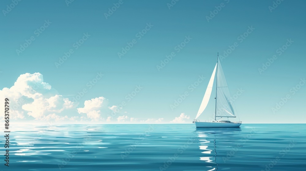 Obraz premium Minimal style depiction of a voyage with a lone sailboat on a calm sea. The clean lines and serene setting evoke a sense of exploration and tranquility.