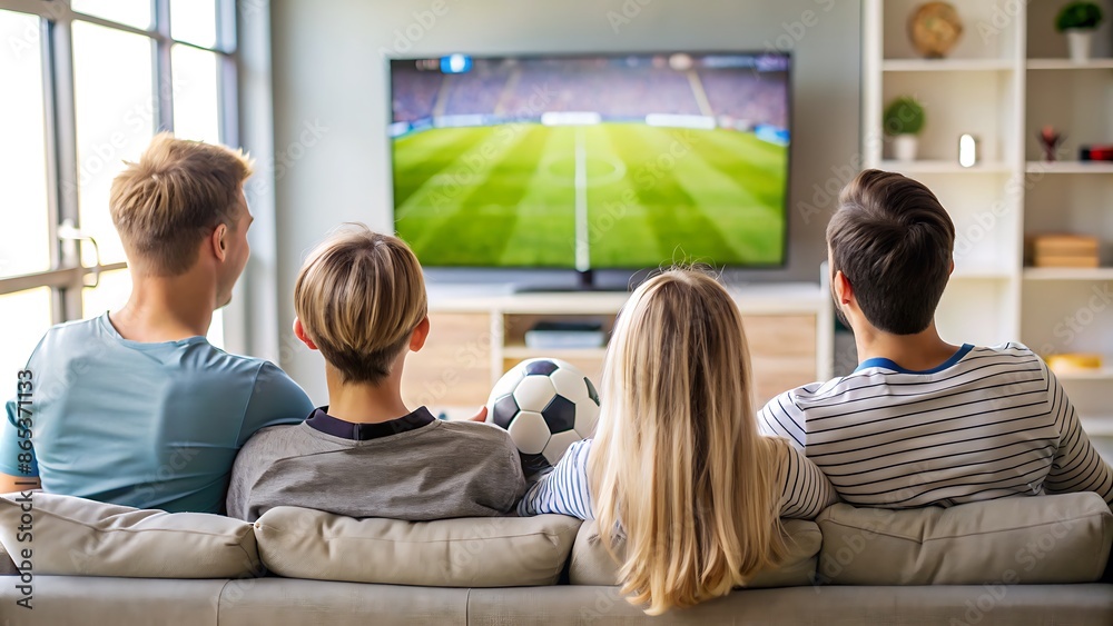 Family Bonding: Back View of Family Watching Football Match at Home