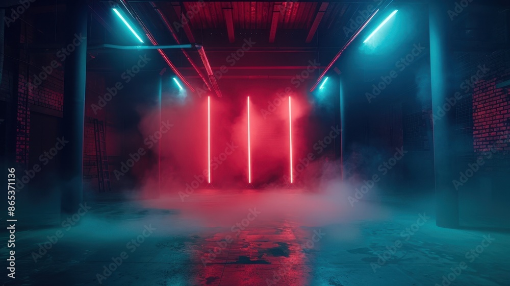 Obraz premium An empty dark scene with neon lights
