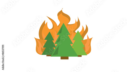 Pine trees in forest are shrouded in fire during fire, natural disaster in dry hot weather, forest fire protection concept