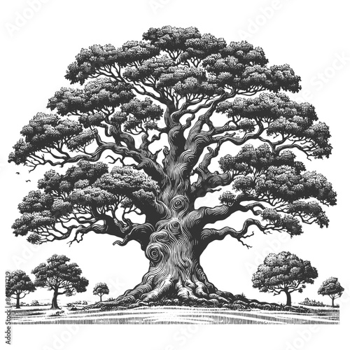 Oak ancient, sprawling tree with a vast network of roots and a lush canopy sketch engraving generative ai fictional character vector illustration. Scratch board imitation. Black and white image. photo