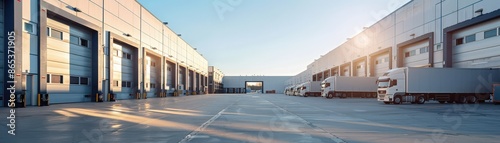 A panoramic view of a modern industrial warehouse with multiple loading docks and trucks parked, captured at sunset.