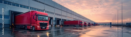 Red trucks at a modern logistics center's loading docks during sunset, with reflective wet pavement and a dramatic sky.