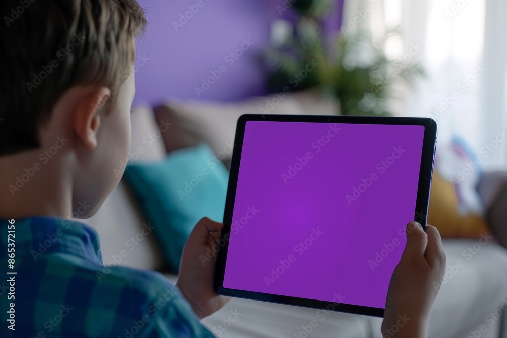 Ui mockup through a shoulder view of a boy holding a tablet with a fully purple screen Ui mockup through a shoulder view of a boy holding a tablet with a fully purple screen