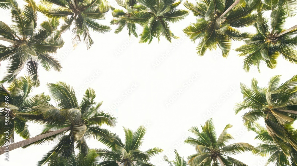 group of palm trees seen from below forming a frame against a bright sky background, design for posters, banners, advertising, cards group of palm trees seen from below forming a frame against a bright sky background, design for posters, banners, advertising, cards