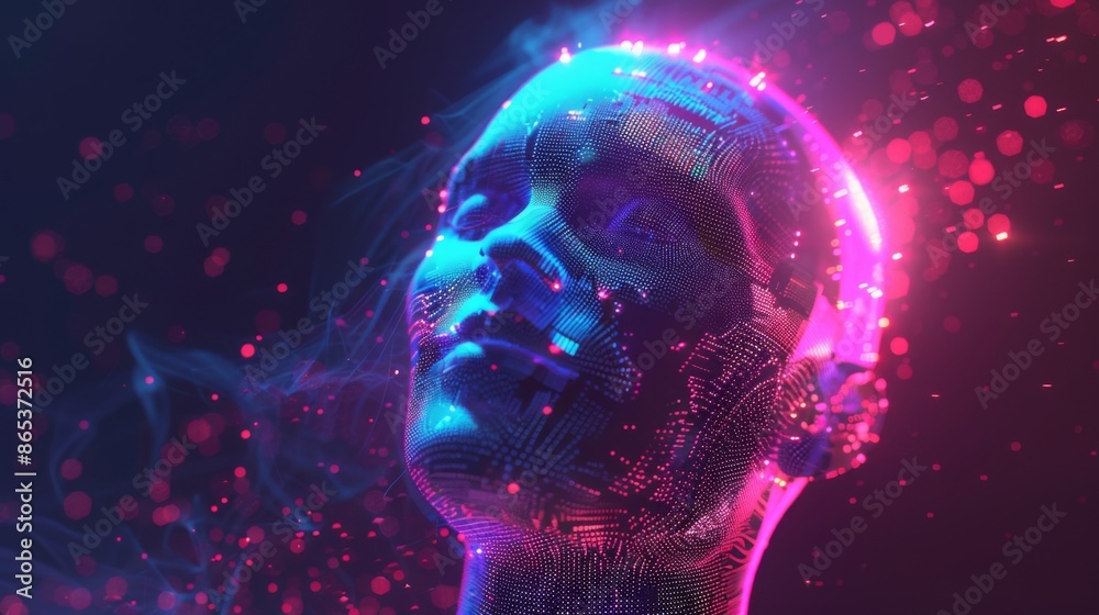 Obraz premium Artificial Intelligence and Virtual Reality concept. 3D human head made of pixels in neon holographic vivid colors on dark background. Vaporwave and Synthwave style illustration