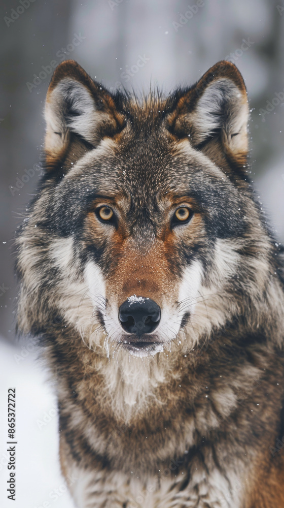 A beautiful, wolf with a brown and black coat stands in the snow A beautiful, wolf with a brown and black coat stands in the snow