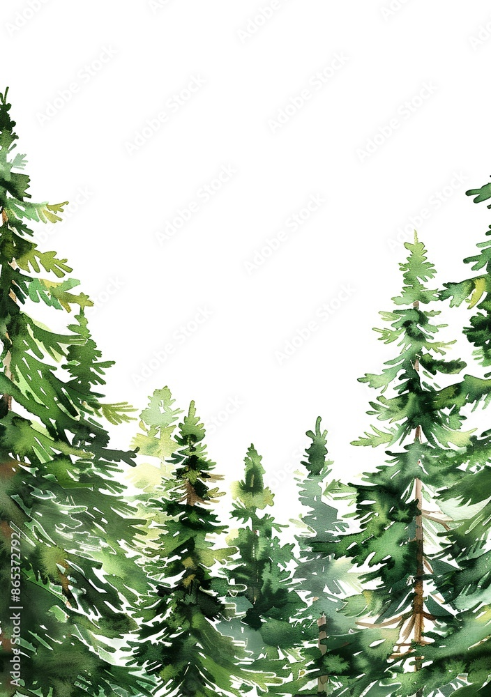 Obraz premium Watercolor green forest frame with pine trees isolated on white background, hand drawn border for wedding invitation card, white space in center of page