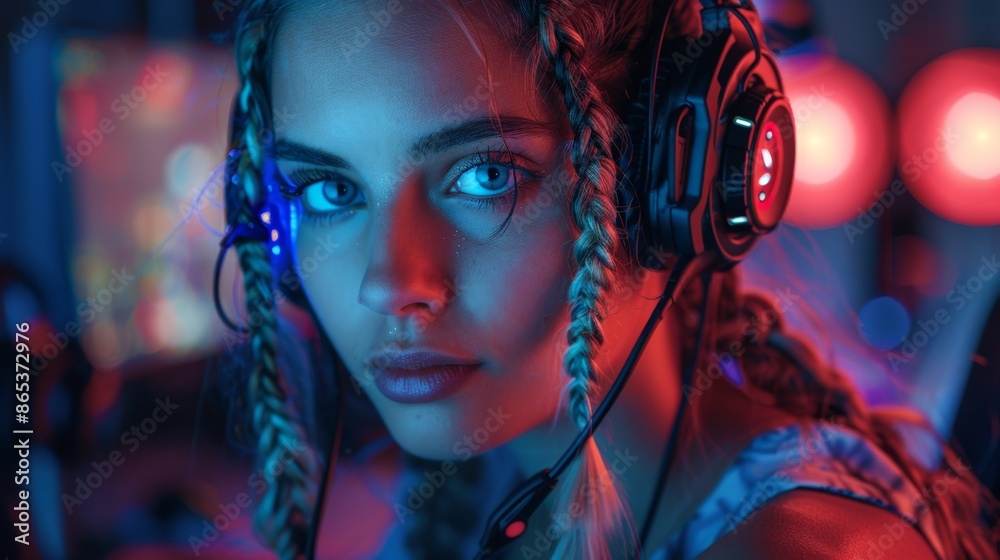 Gamer Girl with Headset in Neon Light - Generative AI Gamer Girl with Headset in Neon Light - Generative AI