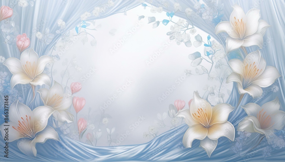 Obraz premium white blank copy space with frame of flowers and silk