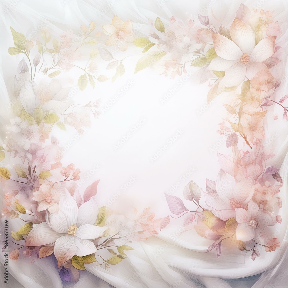 white blank copy space with frame of flowers and silk white blank copy space with frame of flowers and silk