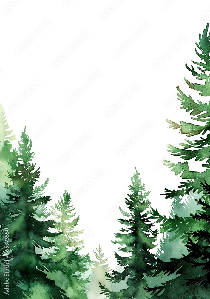 Obraz premium Watercolor green forest frame with pine trees isolated on white background, hand drawn border for wedding invitation card, white space in center of page