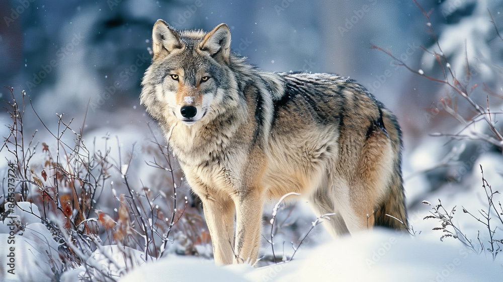 A wolf is standing in the snow, looking at the camera, resting A wolf is standing in the snow, looking at the camera, resting