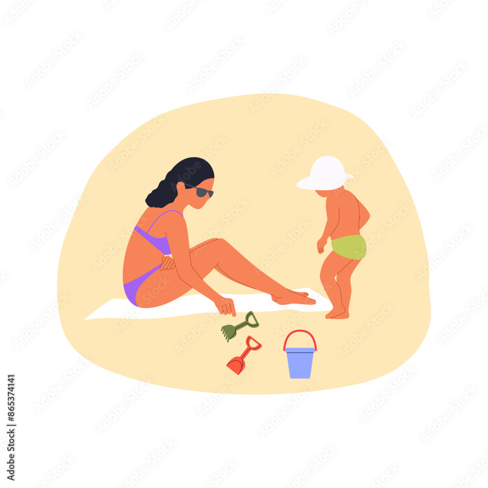 Fototapeta premium A young mother plays with her child on the beach while sitting on the sand. Summer vector illustration in flat style.