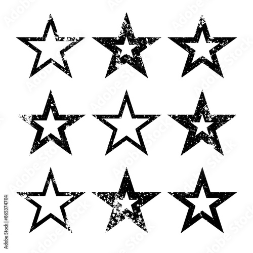 Vintage stars with cracks and stains. Old hand-drawn sign, black simple shape. Retro design element with distressed effect, grunge texture. Vector illustration