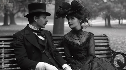 A man and a woman in the park, photo in the style of the late 19th early 20th century