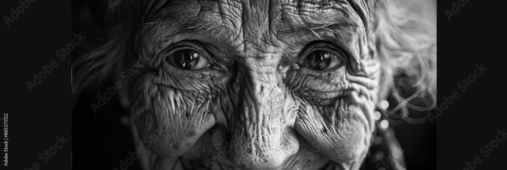 The gentle smile of a wise woman her wrinkles adding depth and character to her face. Black and white art The gentle smile of a wise woman her wrinkles adding depth and character to her face. Black and white art