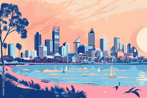 Risograph riso print travel poster, card, wallpaper or banner illustration, modern, isolated, clear and simple of Perth, Australia. Artistic, screen printing, stencil digital duplication