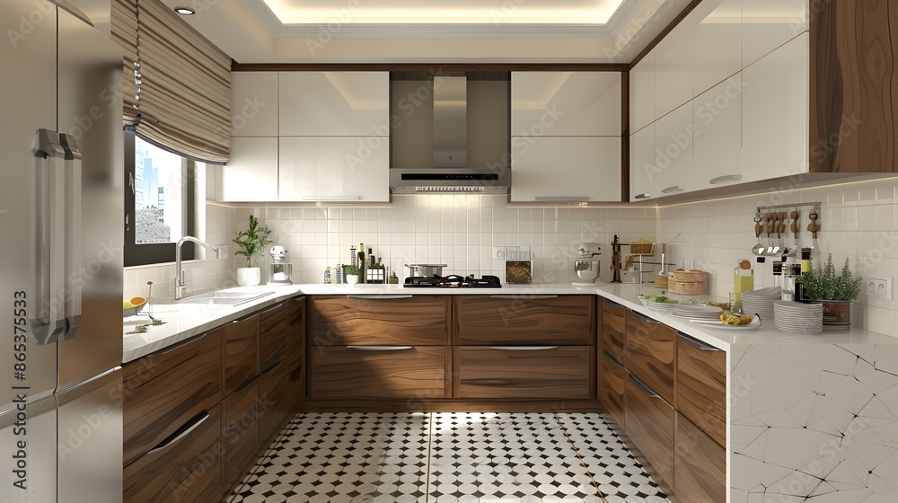 Fototapeta premium Elegant and Functional Modern Kitchen With Wooden Cabinetry and Sleek Appliances