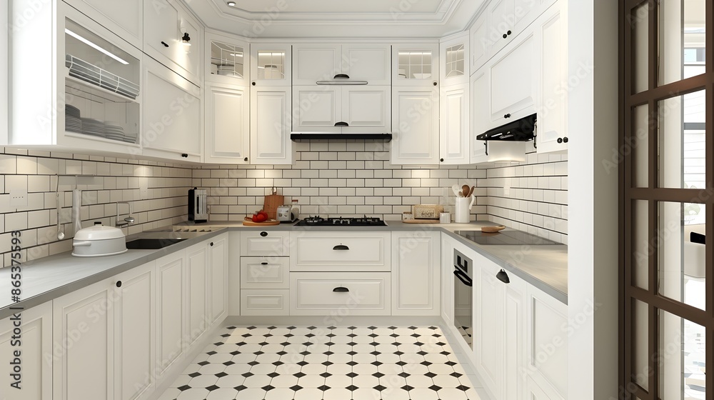 Sleek and Functional Modern Kitchen Interior with White Cabinets and Tiled Backsplash Sleek and Functional Modern Kitchen Interior with White Cabinets and Tiled Backsplash