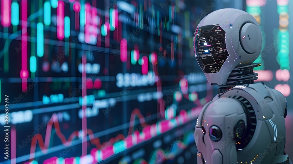 Futuristic Robot Analyzing Financial Data and Market Trends in Digital Environment Futuristic Robot Analyzing Financial Data and Market Trends in Digital Environment