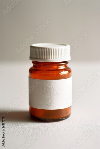 Close-up of a small amber medicine bottle with a white label and cap on a neutral background.