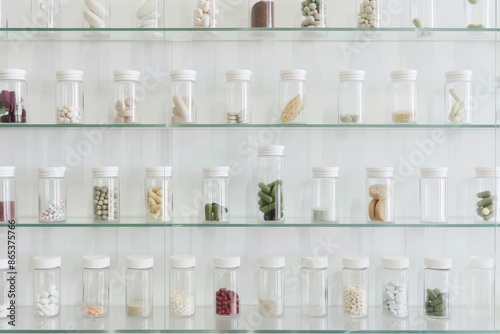 Wallpaper Mural A variety of pills and capsules arranged in clear jars on shelves, showcasing different medicines. Torontodigital.ca
