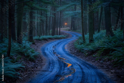 Mysterious Forest Path at Dawn with Winding Road and Lantern Light - Nature Photography for Wall Art, Posters, or Inspirations