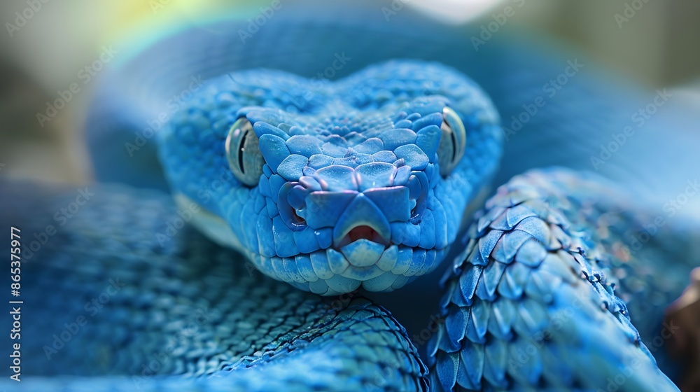 Fototapeta premium Blue viper snake closeup face. 