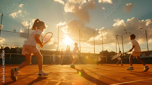 Group of children playing tennis on the beach with sea and sun shining in the background.