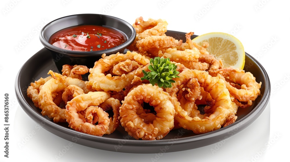 A plate of fried calamari with dipping sauce, placed on a pristine white background, perfect for showcasing seafood appetizers in promotional content A plate of fried calamari with dipping sauce, placed on a pristine white background, perfect for showcasing seafood appetizers in promotional content