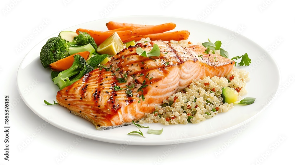 A plate of grilled salmon with quinoa and steamed vegetables, on a pristine white background, with plenty of copy space for healthy meal advertisements and product photography