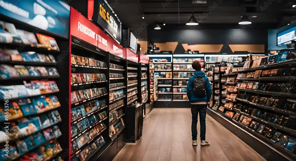 Boy in a video game store. Boy in a video game store.
