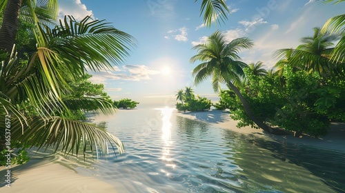 Beautiful Beach Lagoon View with Palm Trees  