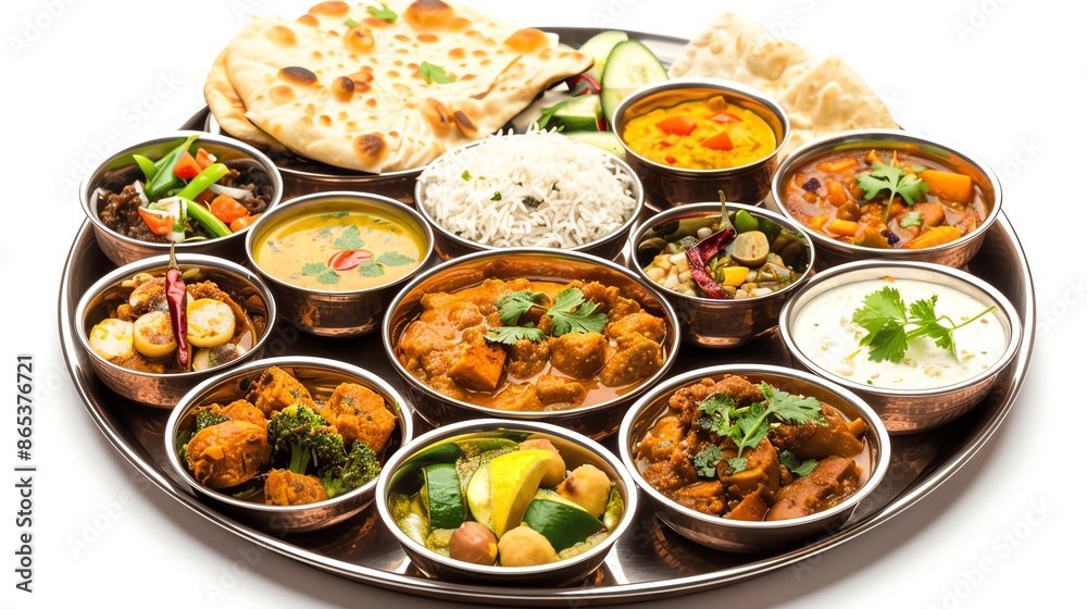 A traditional Indian thali with various curries, bread, and sides, on an isolated white background, ideal for showcasing a complete Indian meal in food marketing materials