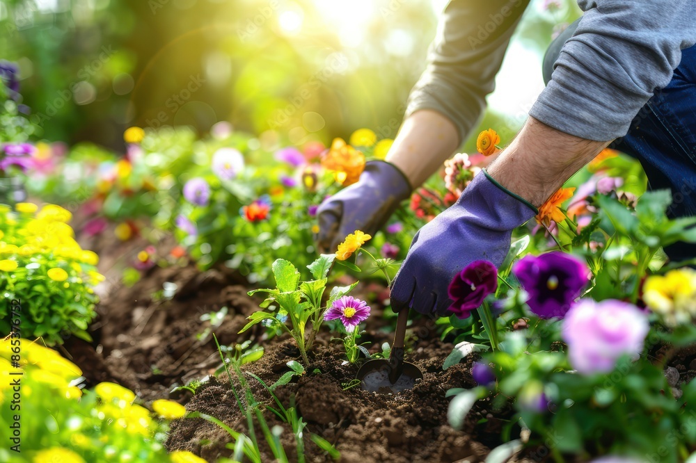 A gardener planting flowers A gardener planting flowers