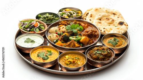 A traditional Indian thali with various curries, bread, and sides, on an isolated white background, ideal for showcasing a complete Indian meal in food marketing materials