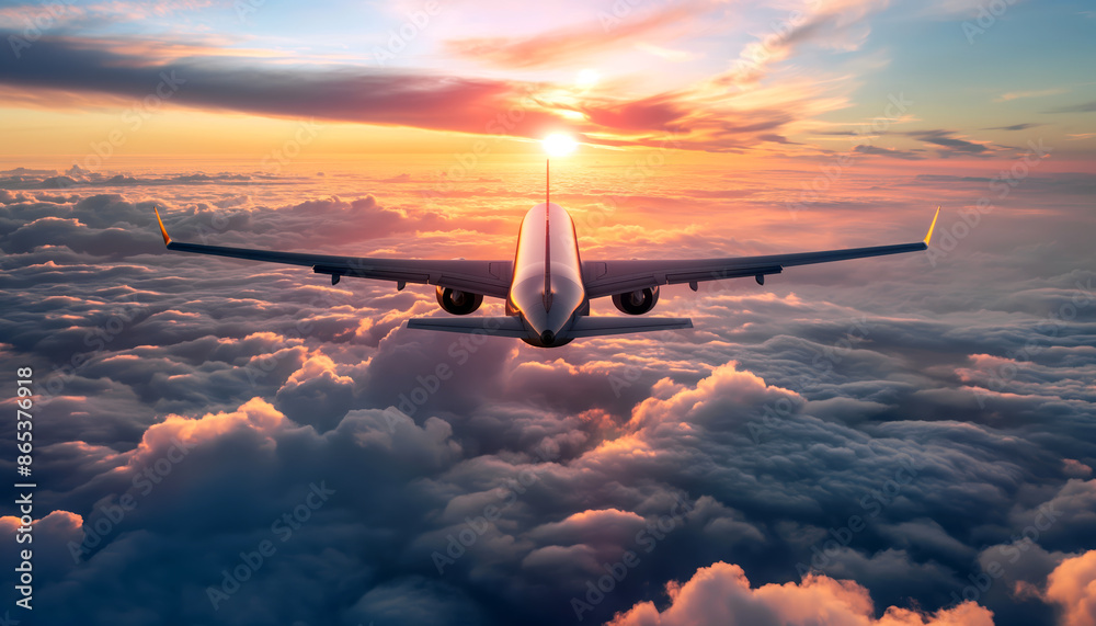 Airplane Soaring Above Clouds at Sunset Airplane Soaring Above Clouds at Sunset